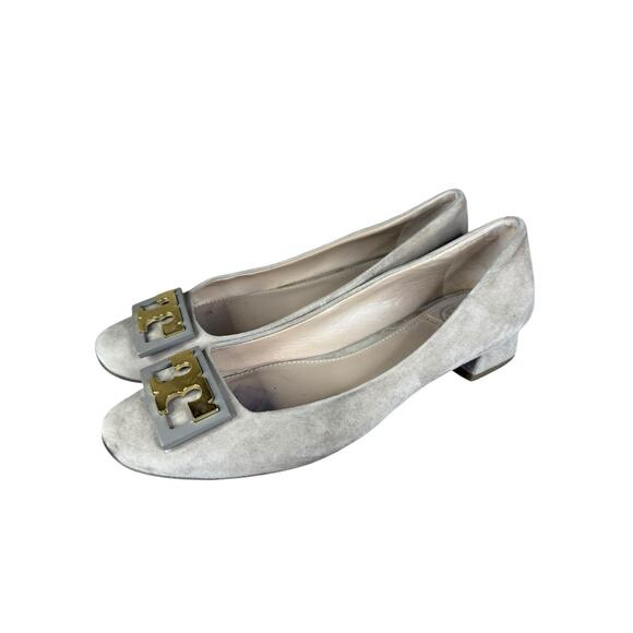 Tory Burch Gigi Suede Logo Block Heel Pumps Beige 6.5 Classic Minimalistic - Picture 7 of 10